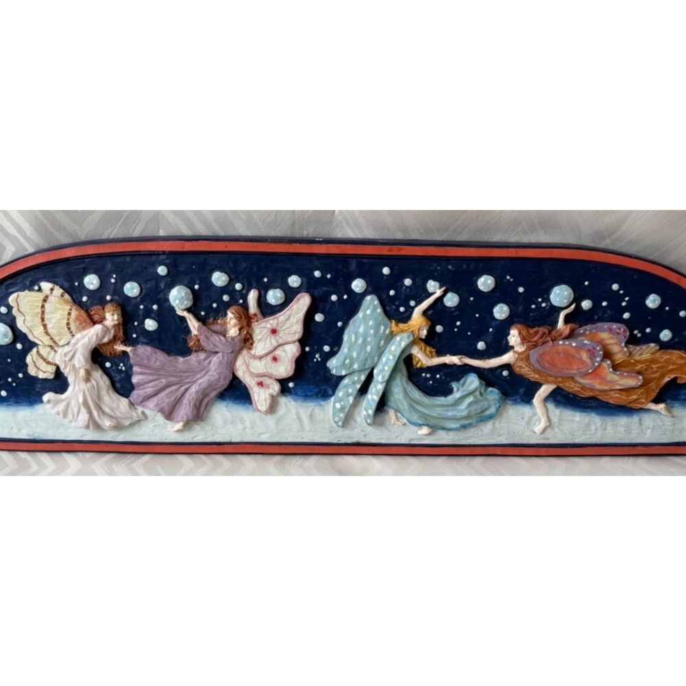 Vintage Multicolor Playing Dancing Fairy Sculptured Resin Moon Wall Art
